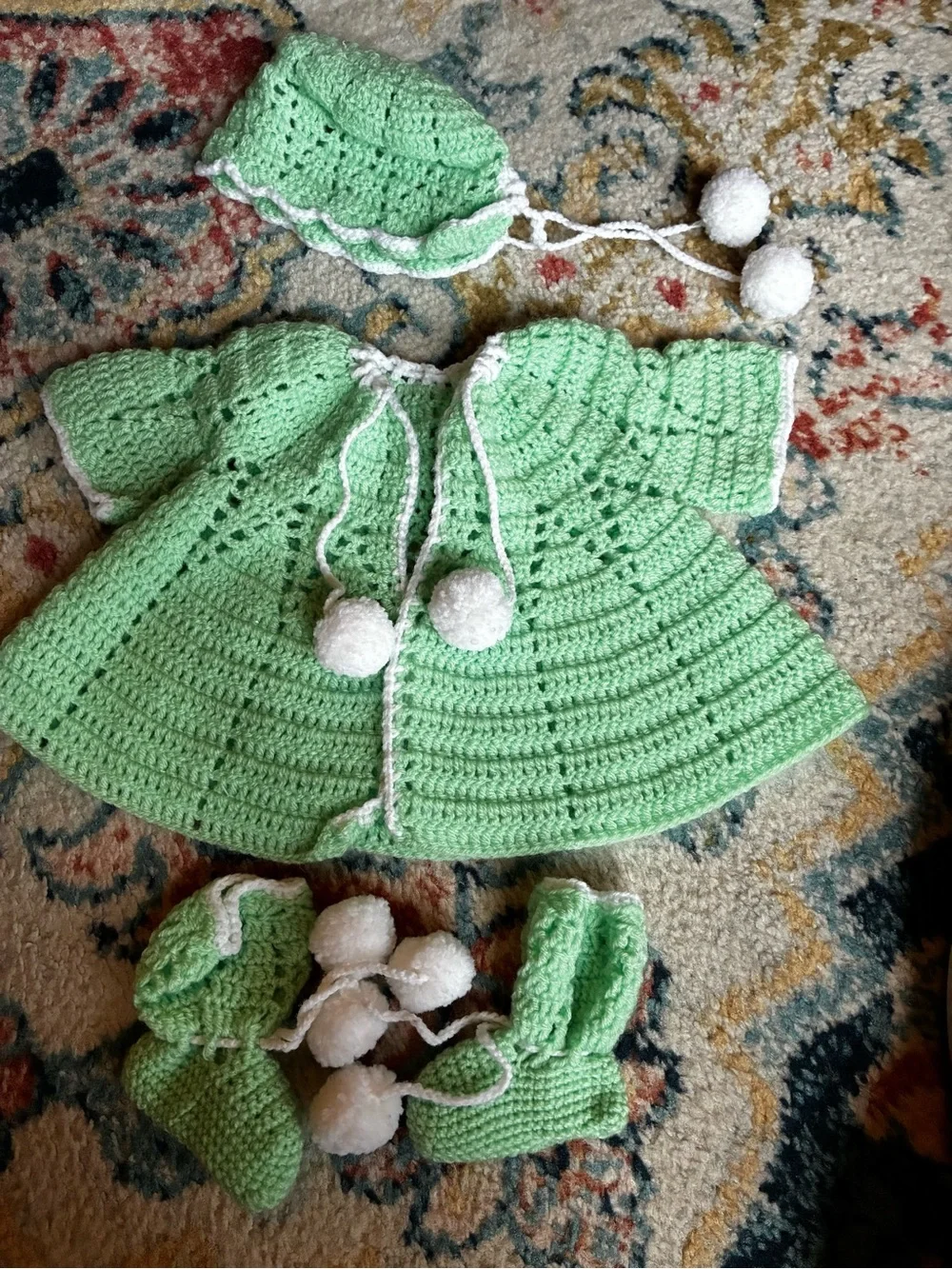 Hand-Crocheted Mint Green Baby Sweater, Bonnet & Booties Set (3-6 months)